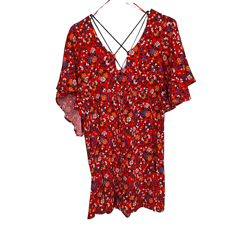 NWT 19 Cooper Multi Color Floral on Red Short Romper Jumpsuit Women’s Si…